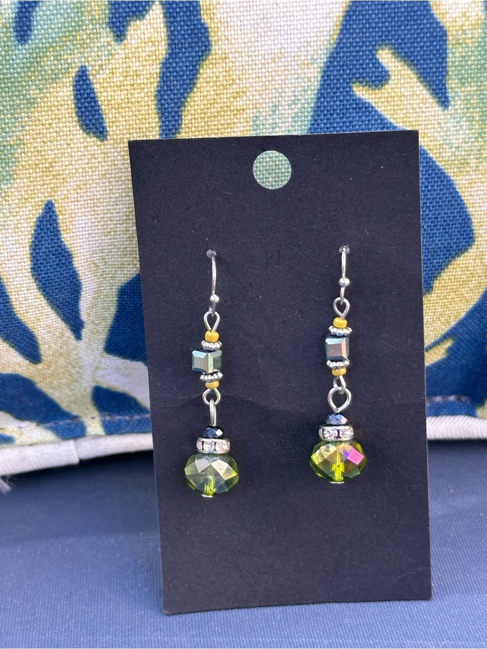 Green Aurora Crystal Beaded Dangle Earrings Silver Tone